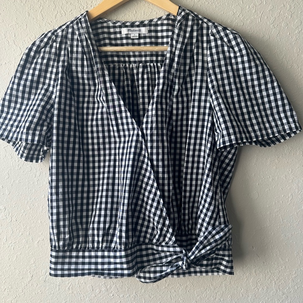 Madewell Black and White Puff Sleeve Wrap Blouse